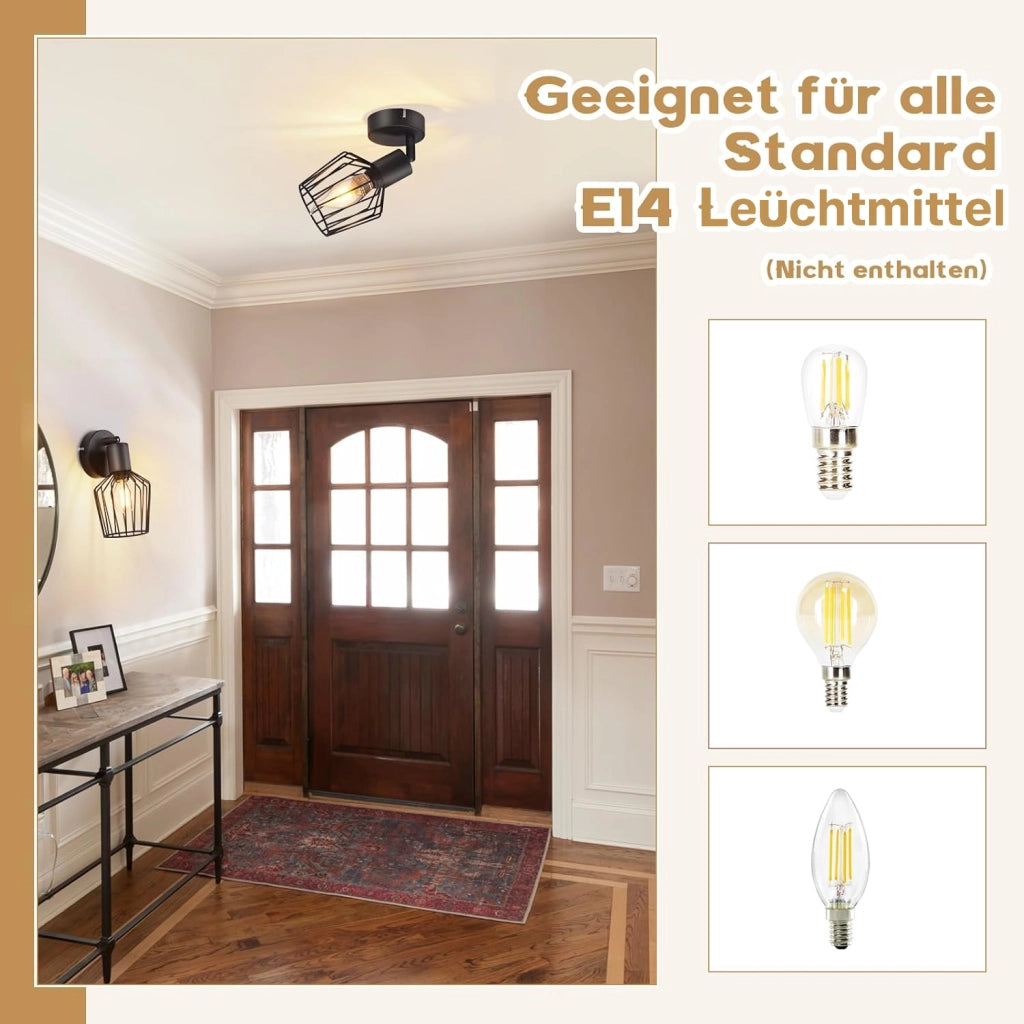 ZMH Lampada da soffitto E14 metallo nero orientabile 350° stile industriale per corridoio soggiorno anche parete