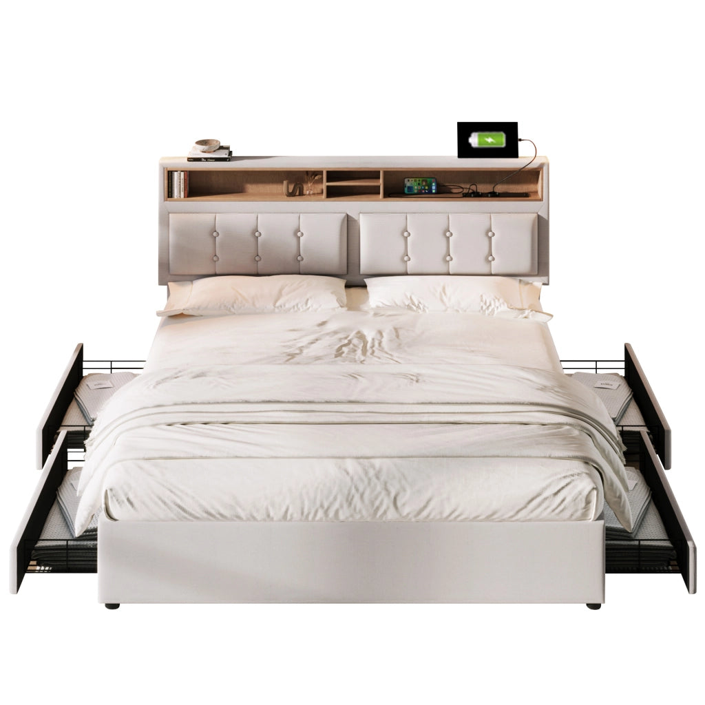 OKWISH Letto con Cassetti Letto Matrimoniale, 4 Cassetti, USB, Tipo C e Prese, 140×200 cm, senza Materasso, in Lino, Beige