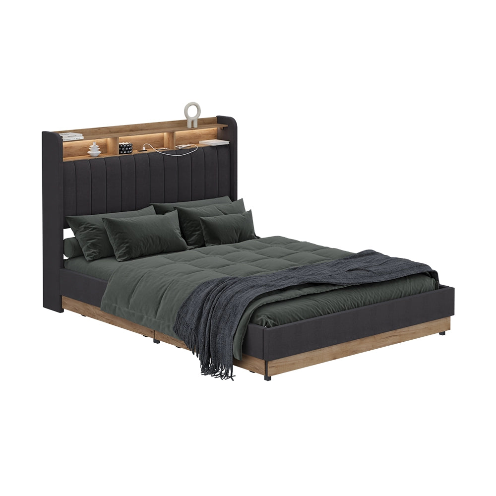 Vitalispa Letto imbottito Antracite/quercia 140x200 cm con 4 cassetti