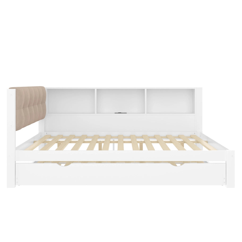 Letto estraibile 140x200 cm con LED; USB e ripiani in legno di pino e MDF bianco
