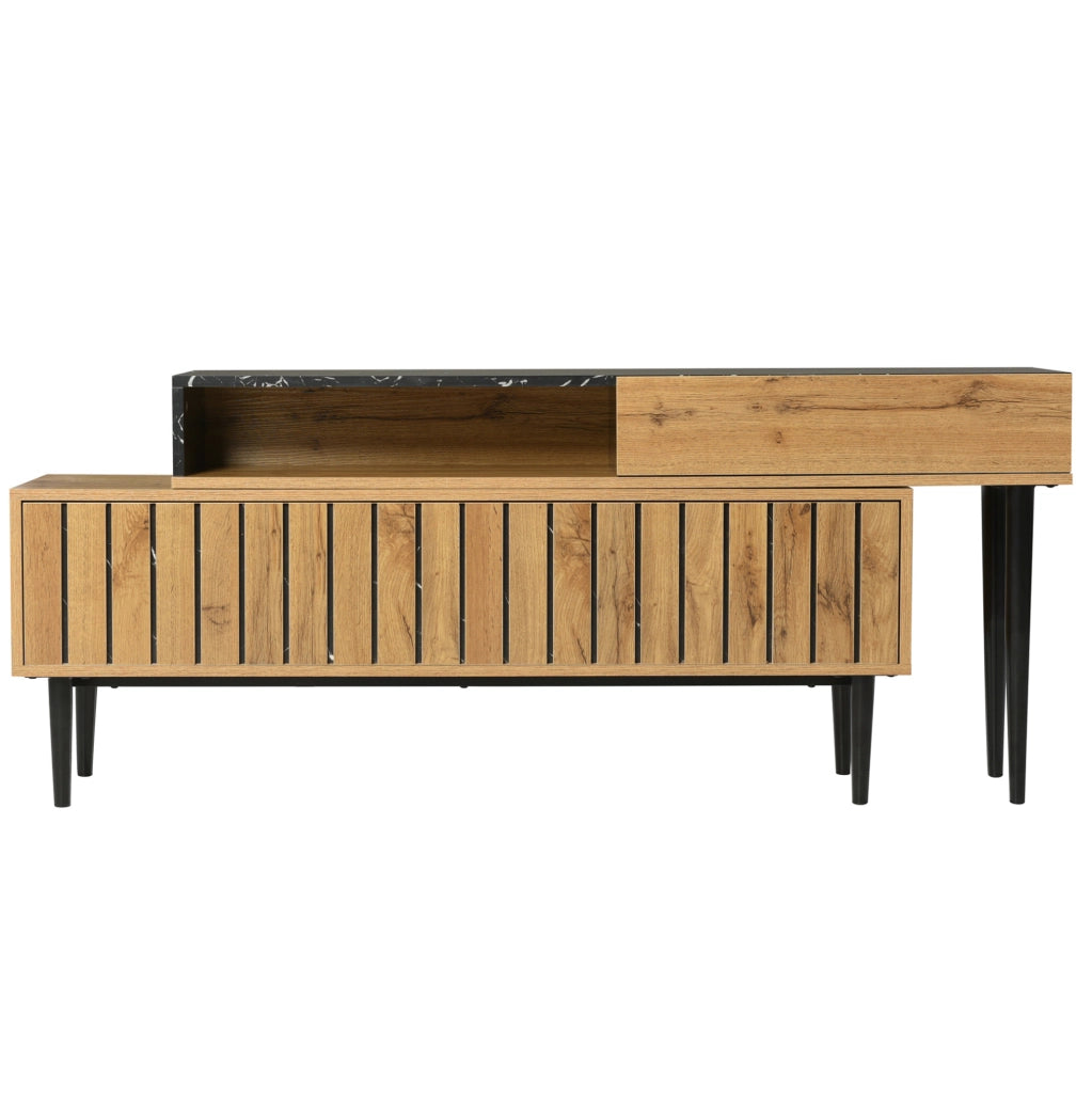 Mobile TV moderno con effetto marmo e venatura legno; struttura in MDF; colore legno naturale