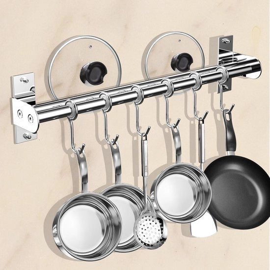 Sostegno per la cucina, 6 ganci con tenuta per coltelli e coperchio per pentola, acciaio inossidabile, doppia tubazione Ø15 mm, 40 cm di lunghezza, capacità di carico superiore a 10 kg (lucido lucidato)