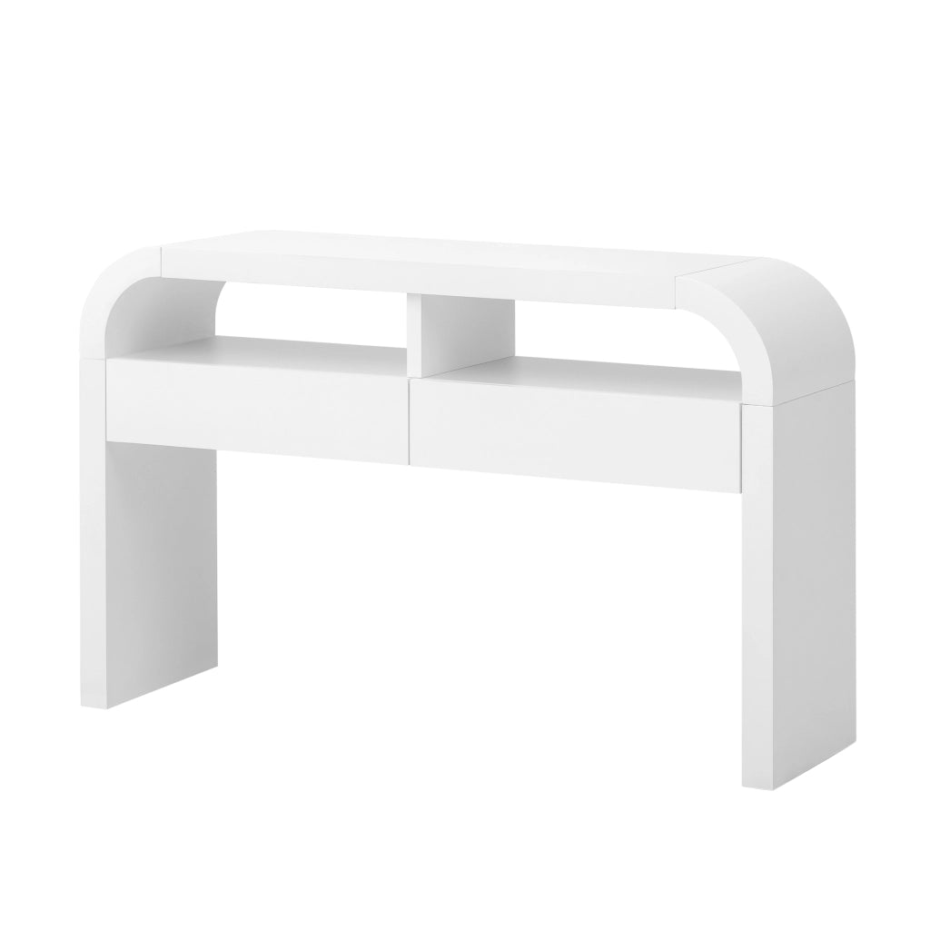 Consolle con 2 cassetti e vani aperti, piedini regolabili, per ingresso e soggiorno, in MDF bianco 120 × 35,5 × 76,5 cm