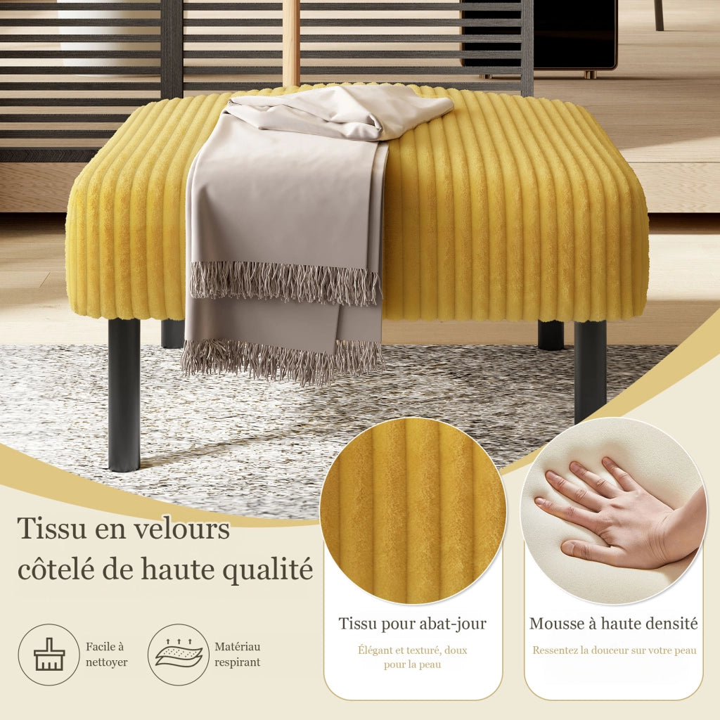 Poggiapiedi con Seduta Imbottita; Uso Versatile per Soggiorno e Camera; in Velluto a Coste Giallo 56 × 51 × 39 cm