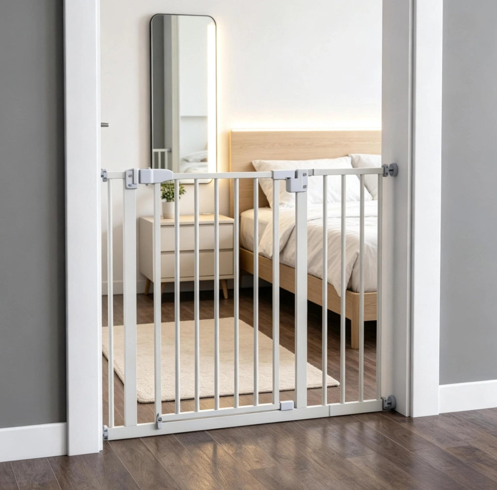 Cancello di Sicurezza Estensibile per Animali in Metallo e Plastica, Altezza 76,2 cm, Bianco