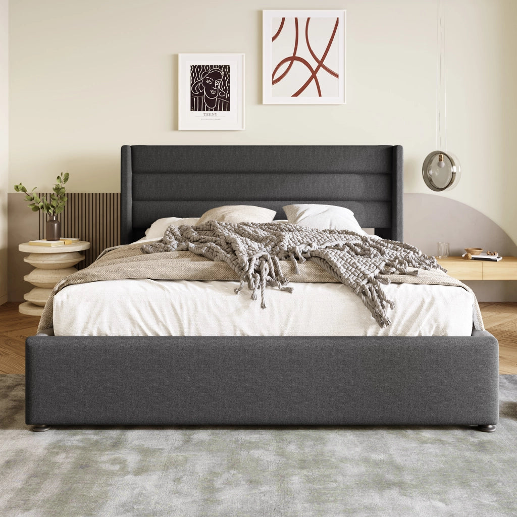 Letti contenitori 160x200 cm; sollevamento idraulico; lino; grigio (Senza materasso)
