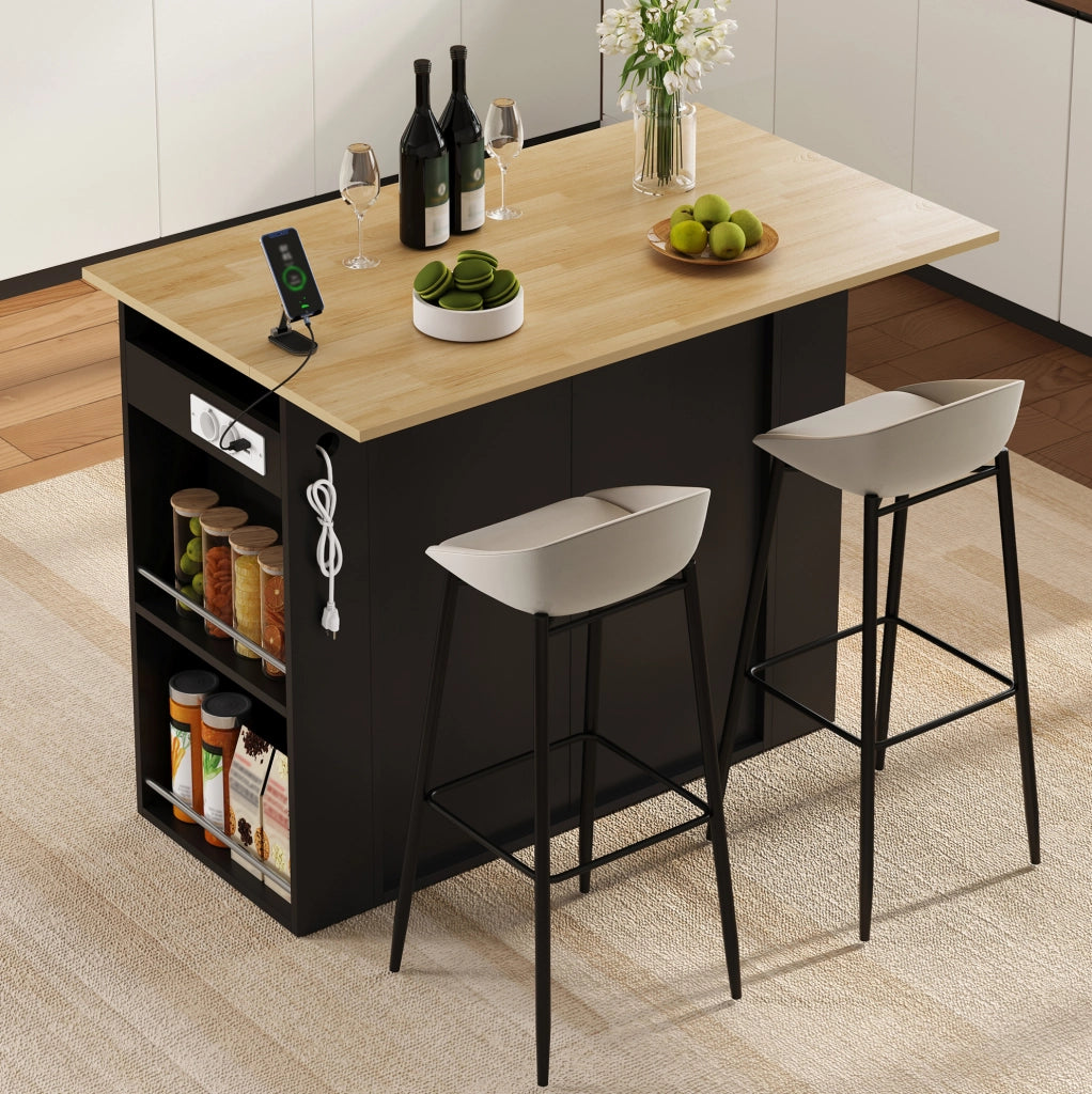 Isola da cucina con piano ribaltabile; presa 2 AC e 2 USB; MDF; 120 x 75 x 97 cm; nera