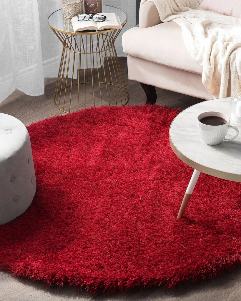 Tappeto Shaggy Tappeto a pelo lungo Solido Poliestere Rosso Rotondo 140 cm