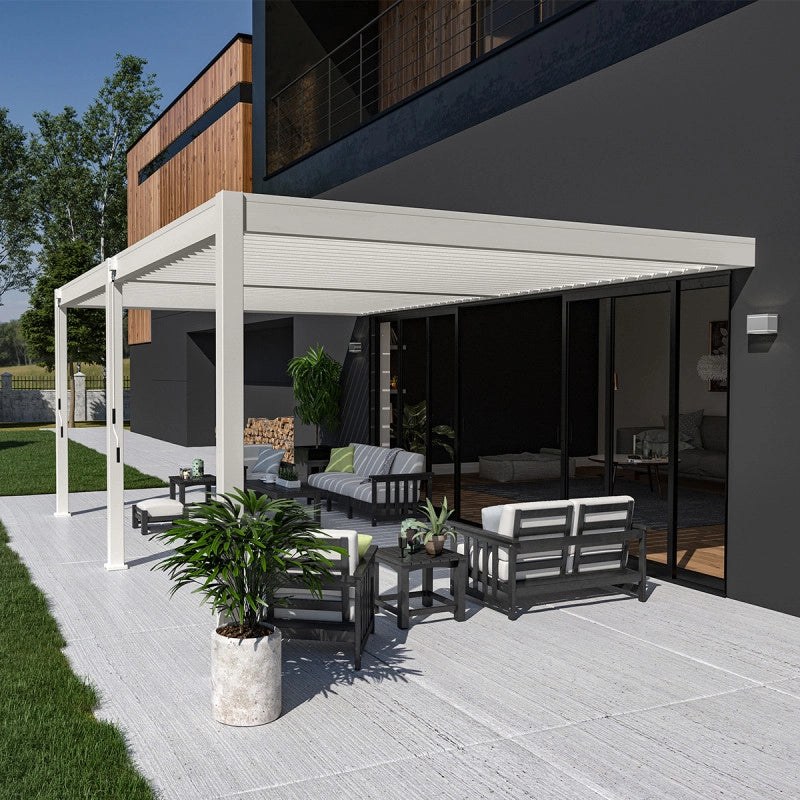 Pergola bioclimatica OmbrÃ©a adossata VS 4x6M Bianco + 2 tende