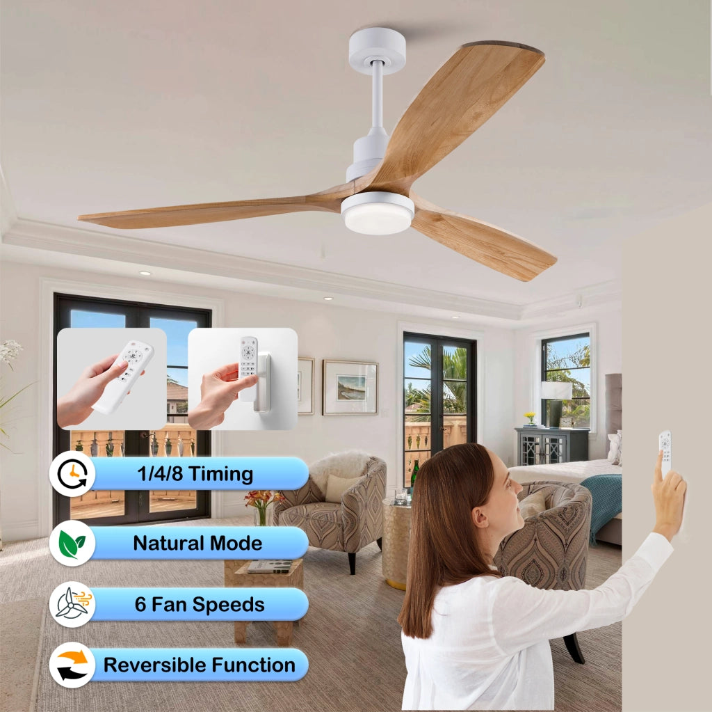 Ventilatore da soffitto 60 pollici ad elica, 3 pale legno massello, 3CCT, motore DC reversibile silenzioso, telecomando 6 velocit¨¤ con memoria