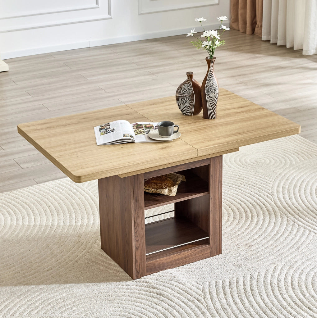Tavolo allungabile 130x80x160x80 cm con 2 ripiani integrati; MDF naturale e noce
