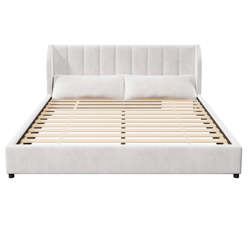 Letto piattaforma imbottito 180x200 cm in velluto francese beige con testiera e rete a doghe
