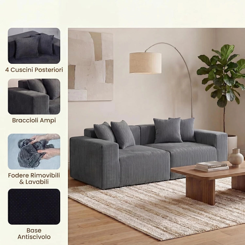 Divano Letto 2 Posti 204 X 89 X 64 CM, Divanetto da Pavimento Imbottito con 4 Cuscini, Velluto a Coste e Schiuma ad Alta Elasticità, Divano Modulare con Braccioli Comodi per Soggiorno