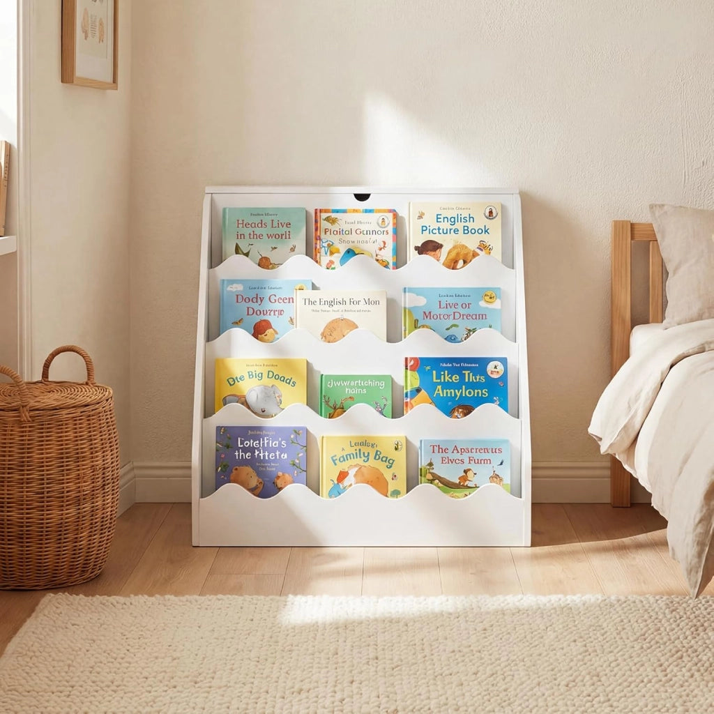 Libreria Montessoriana per Bambini 2in1, Scaffale per Libri a 4 Livelli con Carrello Portagiochi, Vano con Coperchio Ribaltabile, per Cameretta e Stanza dei Giochi, 63x49x61,5 cm (Bianco)