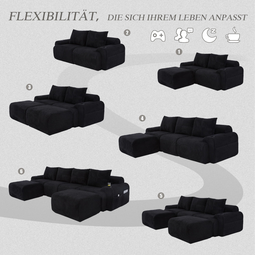 Divano modulare 4 posti con portabicchieri e tasca laterale in tessuto corduroy per soggiorno nero 333 × 174 × 80 cm