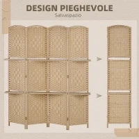 Paravento da Interno a 4 Pannelli Pieghevole con Mensole 160x170 cm, Colore Naturale