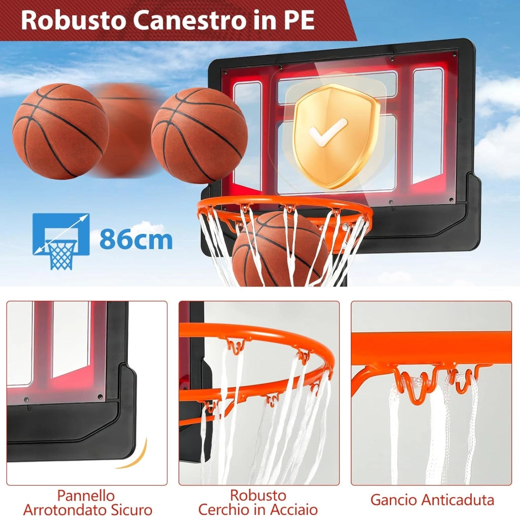 Canestro Basket da Interno ed Esterno Portatile e Regolabile in Altezza 90-210cm, Canestro da Basket per Bambini con Ruote, Incavo per Pallone e Tabellone Infrangibile