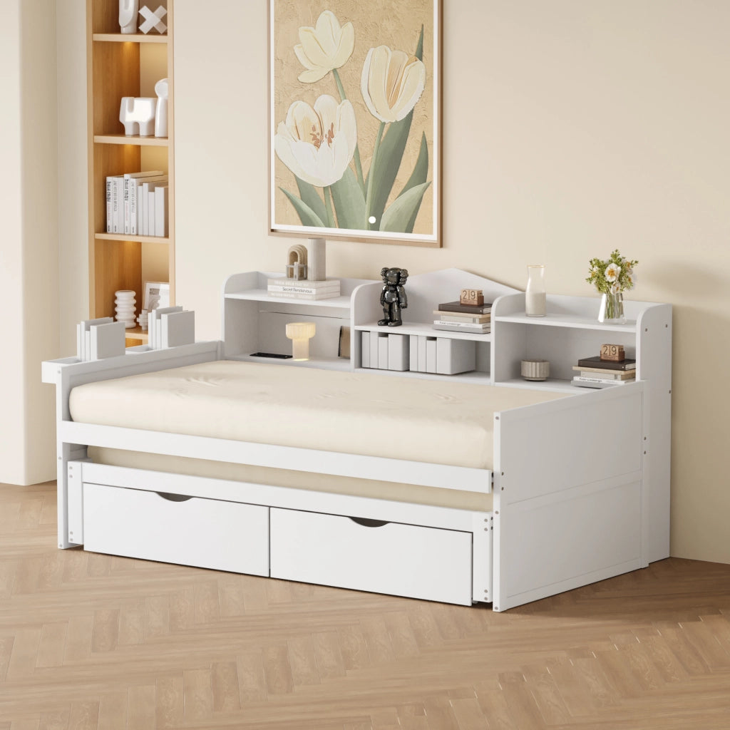 Letto estraibile singolo 90×200 cm con 2 cassetti; vano portaoggetti; USB; senza materasso; bianco