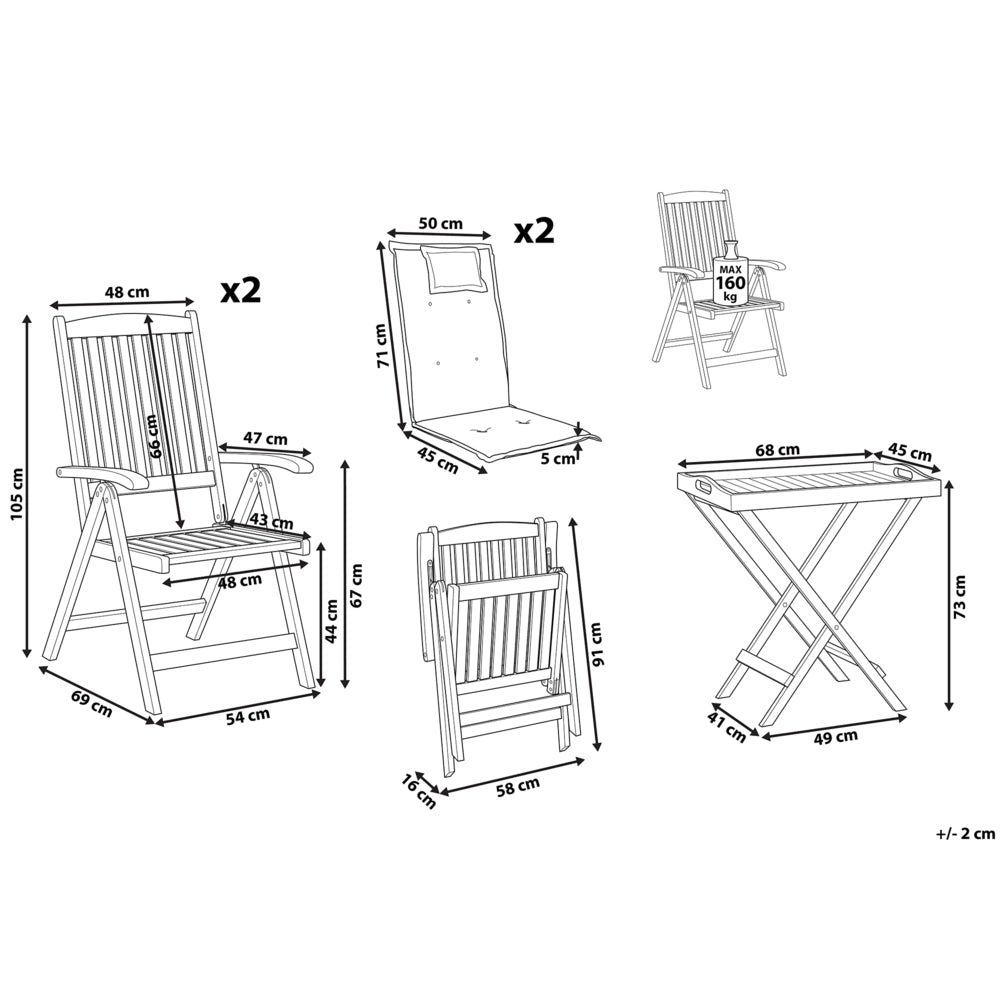 Set da bistrot da giardino Tavolo in legno di acacia 2 sedie con cuscini  grigio chiaro pieghevole resistente ai raggi UV