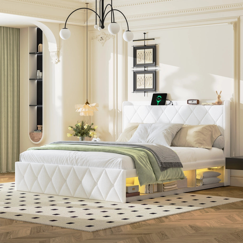 Letto matrimoniale 160 × 200 cm con USB, LED, ripiano in testiera e contenitore, senza materasso, bianco
