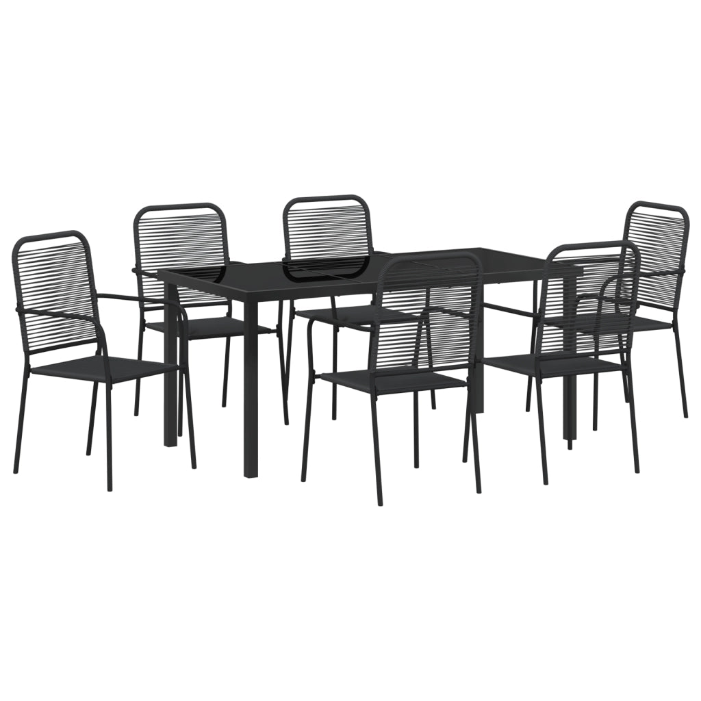 Set da pranzo da giardino 7 pezzi Nero Corda di cotone e acciaio