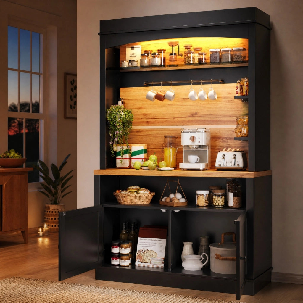 Dispensa alta con LED e vani aperti con due ante per cucina e soggiorno in MDF e metallo nero 107 × 43 × 184 cm