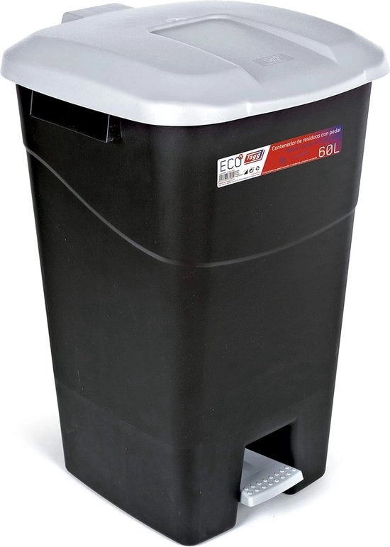 Contenitore di rifiuti 60 litri con pedale, fondo nero e coperchio grigio