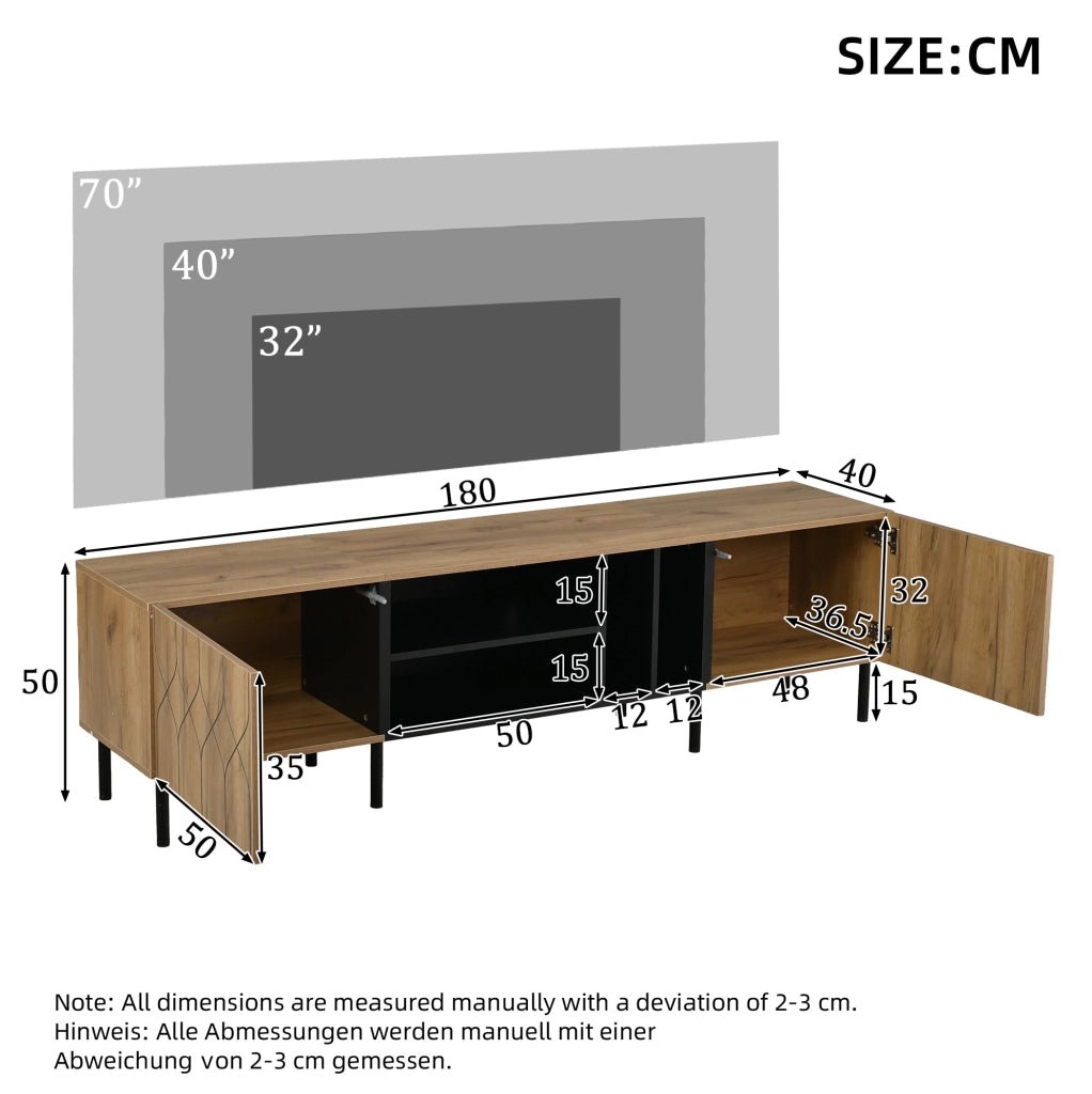 Mobile TV 180x40x50 cm con ante push-to-open; 4 ripiani aperti; truciolato e MDF; nero e naturale