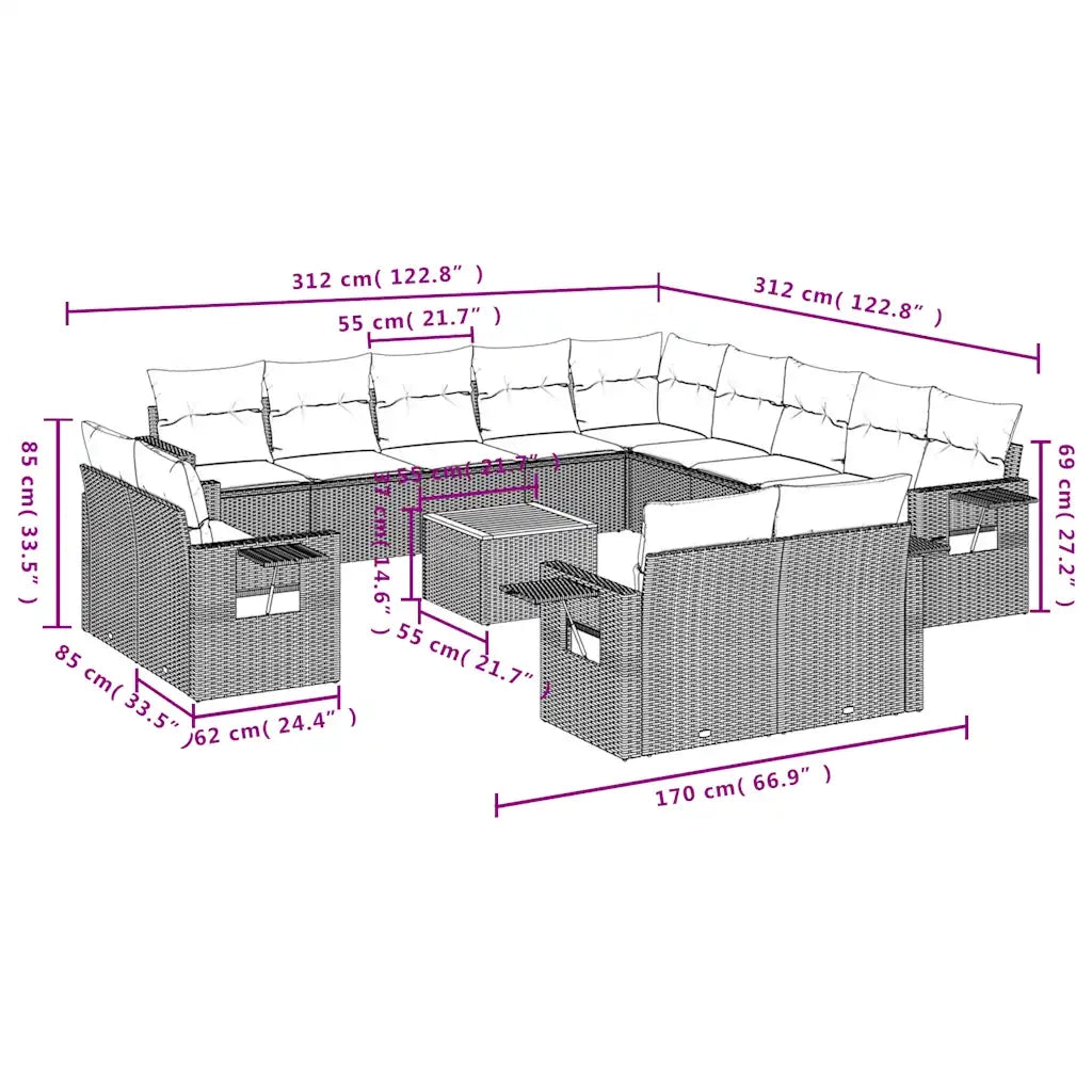 Set Divani da Giardino 14 pz con Cuscini Grigio in Polyrattan 3224843