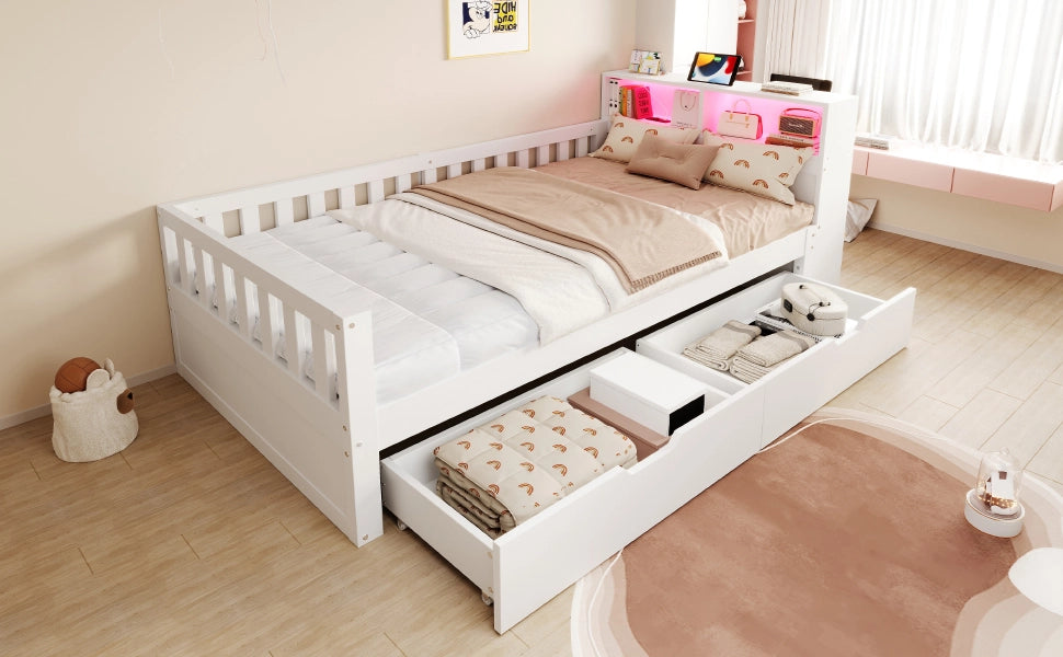 Letto in legno multifunzione con cassetti, LED e USB, 90x200 cm, bianco