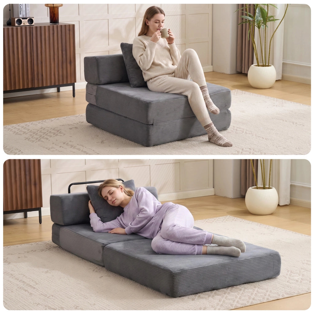 Divano letto convertibile da pavimento in tessuto a coste con design pieghevole e imbottitura in spugna grigio scuro