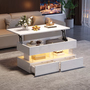 Tavolino da salotto sollevabile 100 x 50 x 46 cm bianco in MDF con LED e 2 cassetti