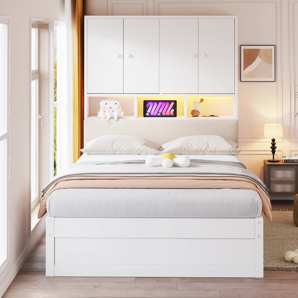 Letto singolo multifunzionale 90x200 cm con LED; presa; cassetti e testiera imbottita; bianco