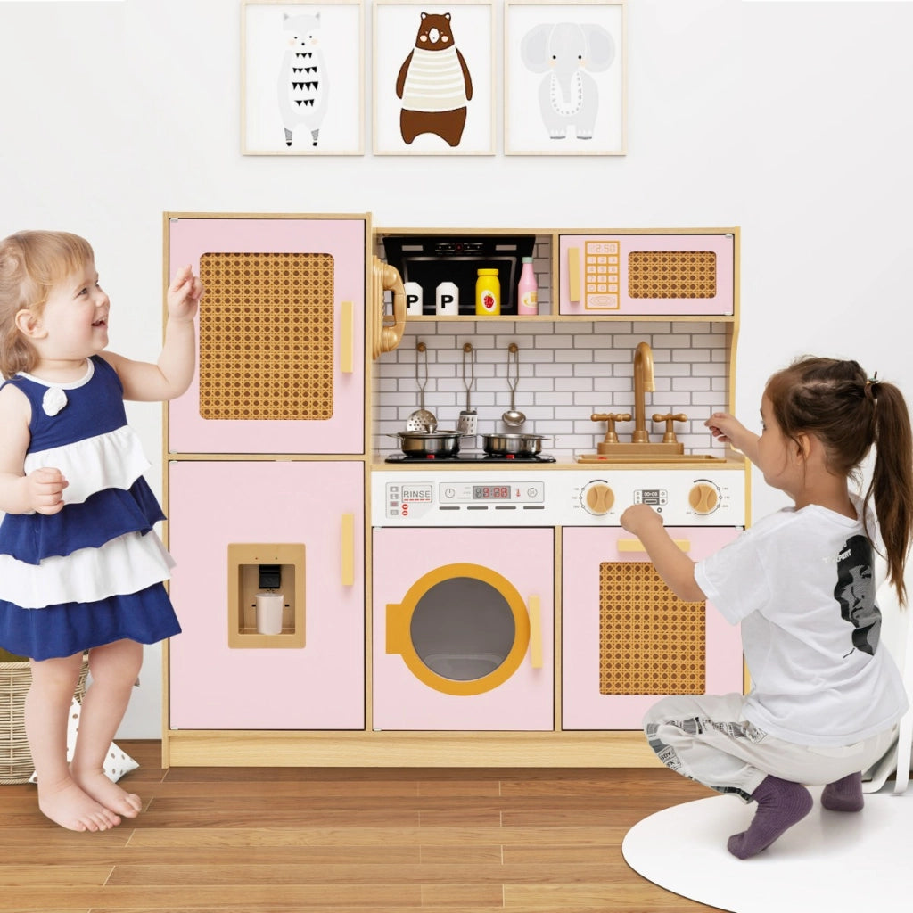 Set cucina giocattolo per bambini con accessori ricchi e ante in rattan, Cucina in legno ideale per bambini da 3+ anni Rosa-Cucine giocattoli