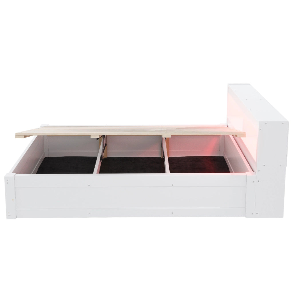 Letto multifunzione 90x200 cm con presa; contenitore idraulico e LED in MDF bianco