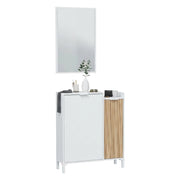 Mobile da ingresso Alambicco, Entratina a 2 ante, Armadio con specchio, Portaoggetti multifunzione, 77x24h91 cm, Bianco e Rovere
