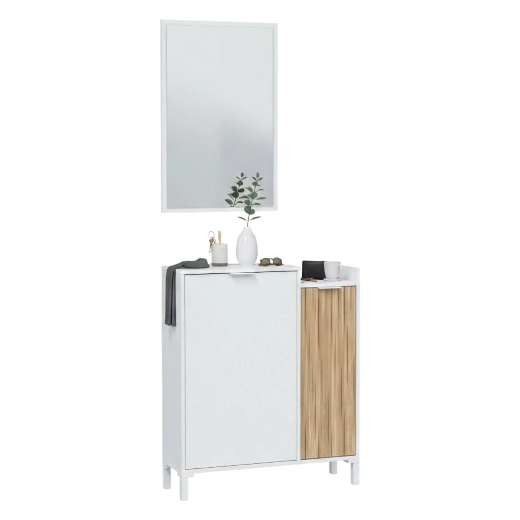 Mobile da ingresso Alambicco, Entratina a 2 ante, Armadio con specchio, Portaoggetti multifunzione, 77x24h91 cm, Bianco e Rovere