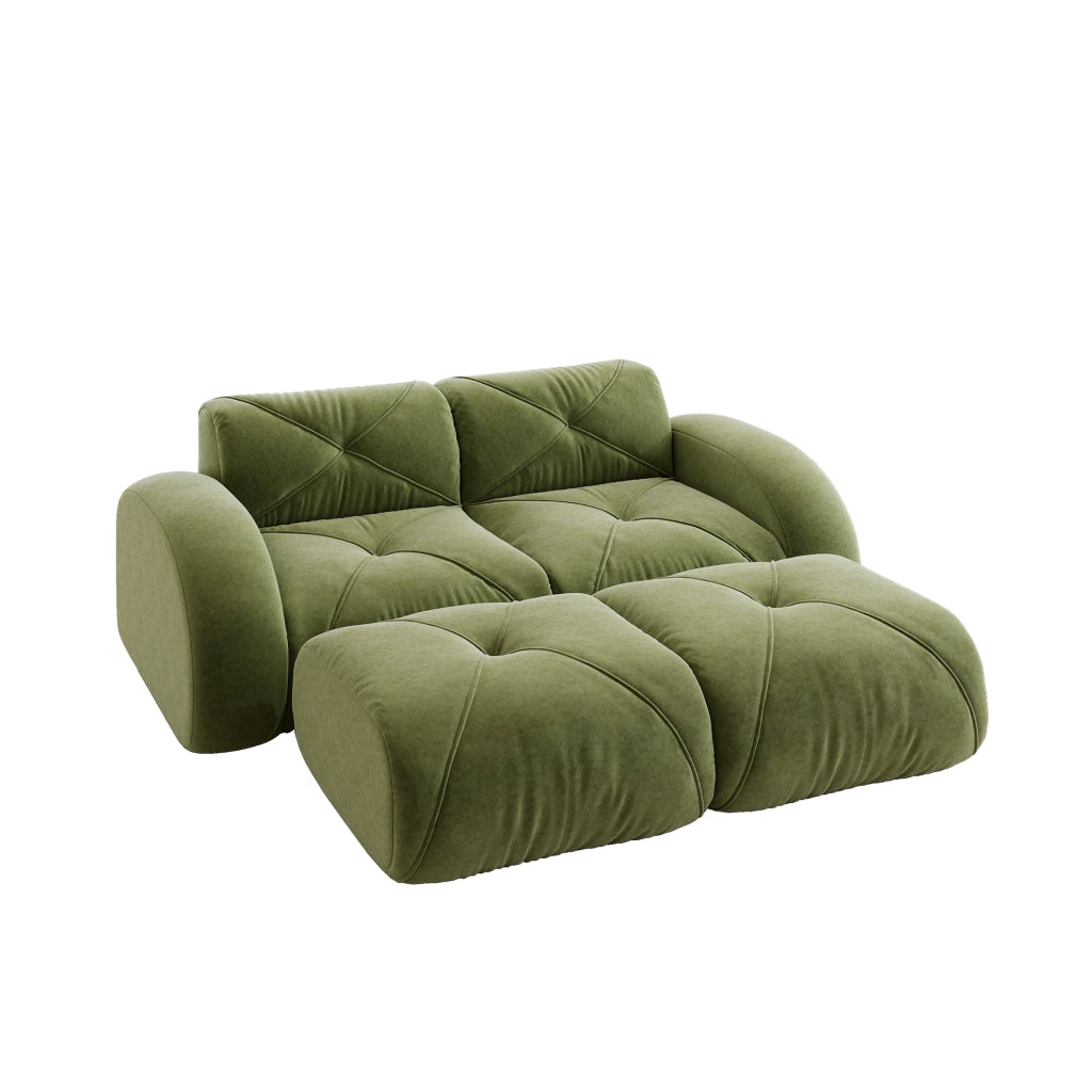 Divano modulare a 2 posti con pouf, senza montaggio e base antiscivolo in ciniglia verde 204 × 171 × 76 cm