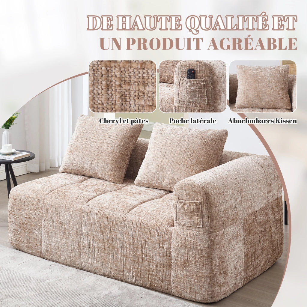 Divano a 2 posti in chenille khaki con cuscino tasche laterali e chaise longue 60 × 158 × 90 cm