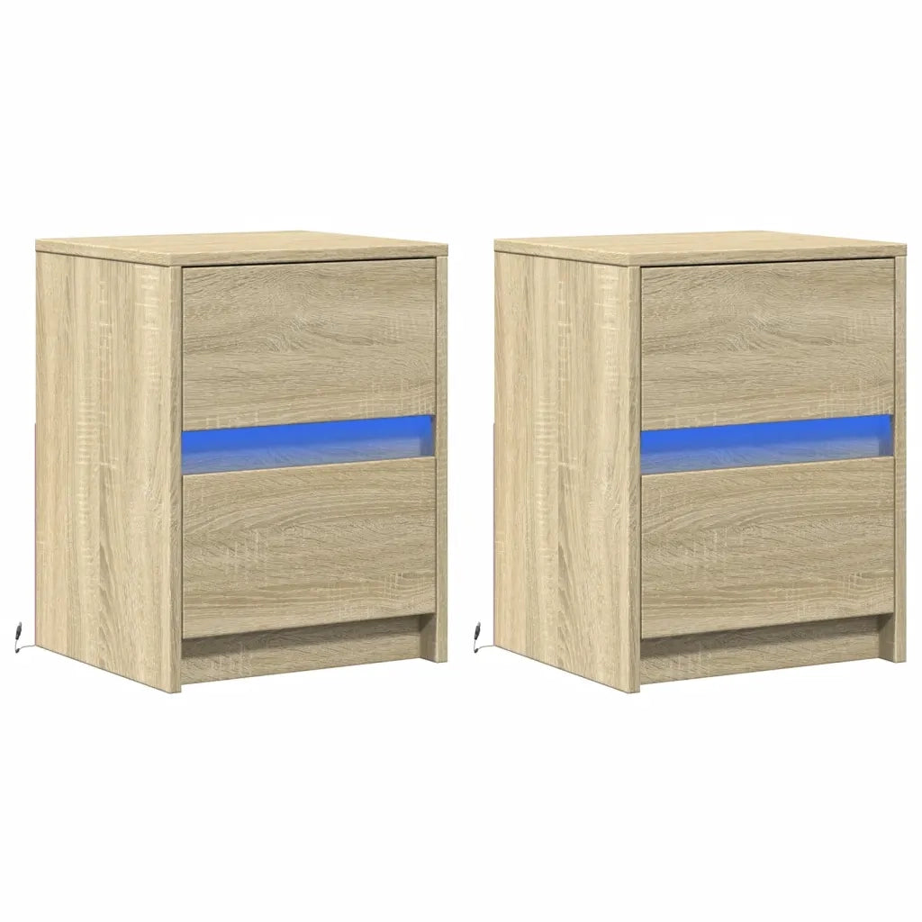 Set di 2 Comodini | Armadio da Notte | Mobiletto da notte con Luci LED Rovere Sonoma in Legno Multistrato