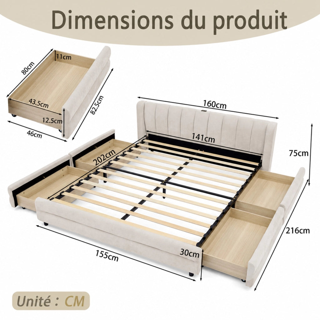 DESMIU Letto matrimoniale 140 × 200 cm 4 cassetti, USB e Type-C, senza materasso, in ciniglia, beige