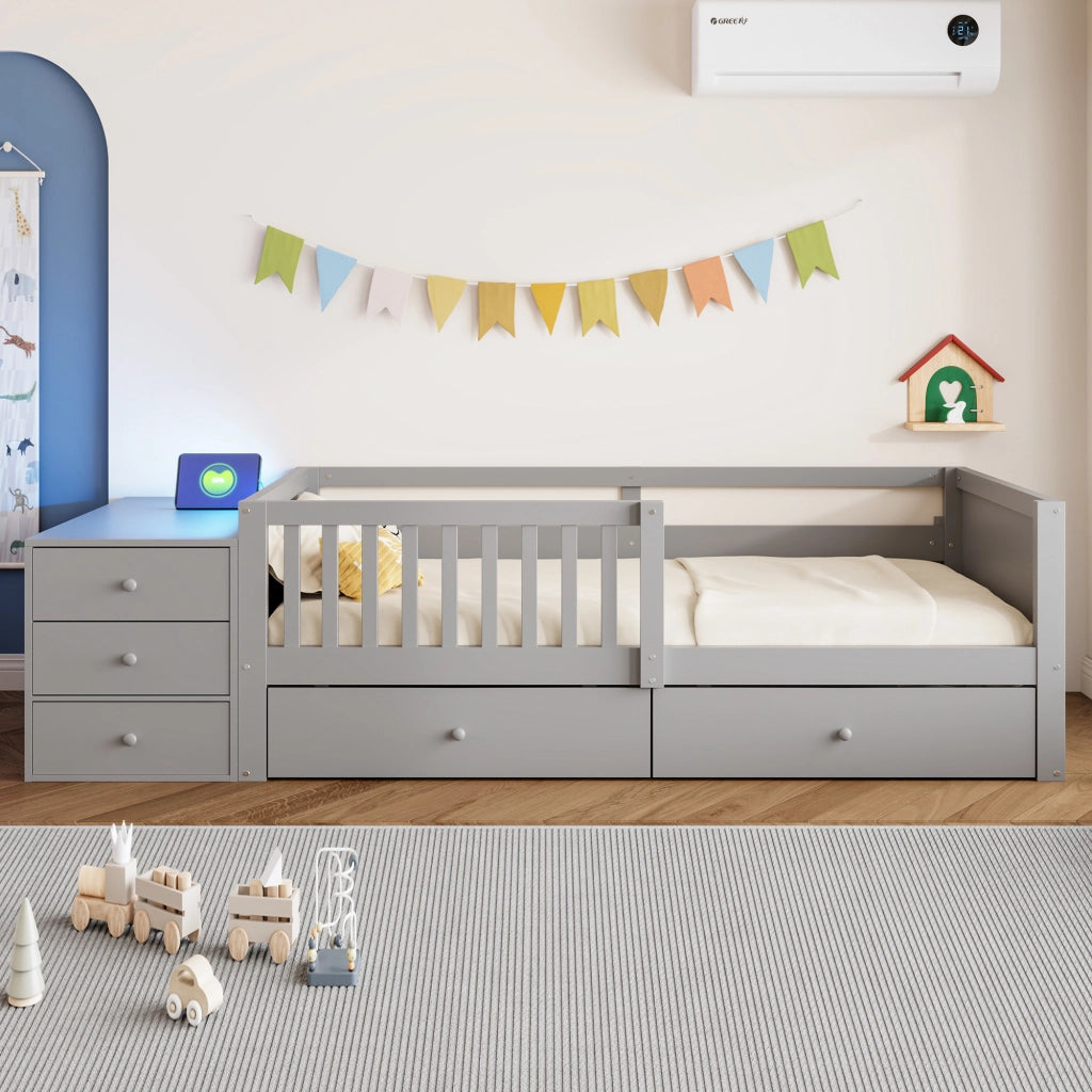 Letto multifunzione per bambini 90x200 cm con scrivania; prese; LED; 2 cassetti; mensole e parapetto; grigio