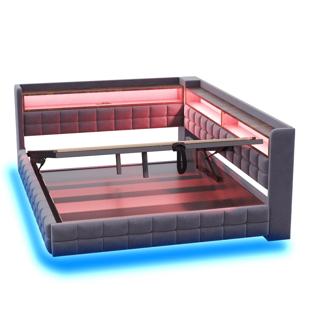 Divano letto imbottito con contenitore 140x200 cm; velluto grigio; LED; prese USB e Tipo C