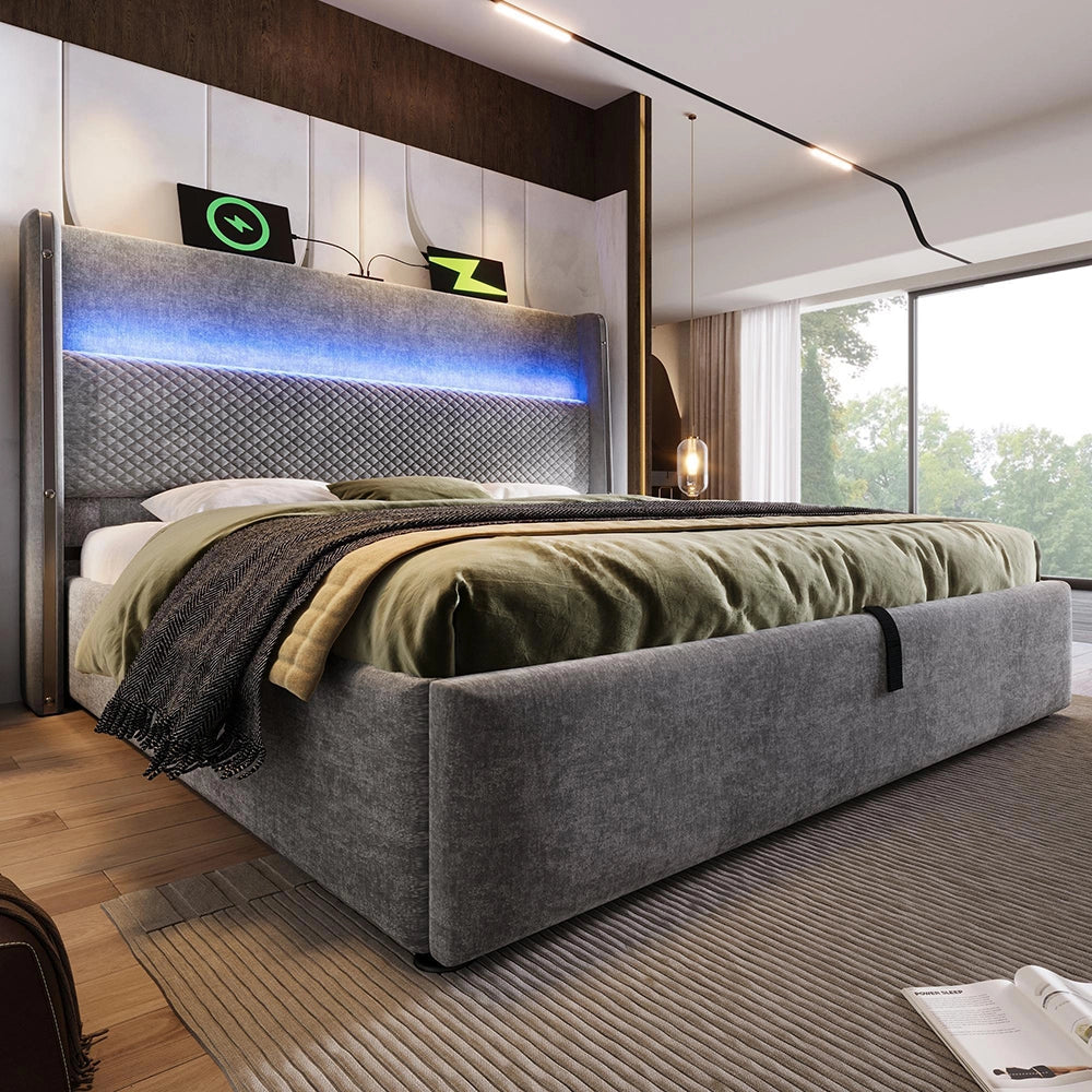 Letto Matrimoniale Moderno 180x200cm - Xylo - Testiera Alta Idraulica LED e USB, Tessuto Lino Grigio