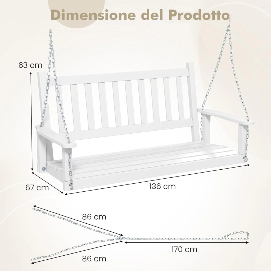Altalena da Giardino in Legno per 2 Persone, Panchina Sospese in Legno con Capacità di Peso di 230 kg, Sedia a Dondolo per Giardino, Cortile (Bianco, 136 x 67 x 63 cm)