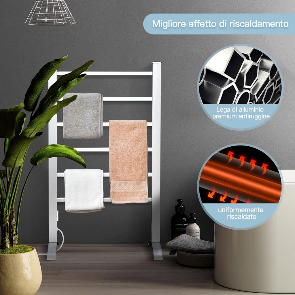 Portasciugamani Multifunzionale Elettrico 2 in 1, Portasciugamani Elettrico per Vestiti e Asciugamani 100 W, con 6 Sbarre, Struttura in Alluminio, Portasciugamani per Bagno, Argento