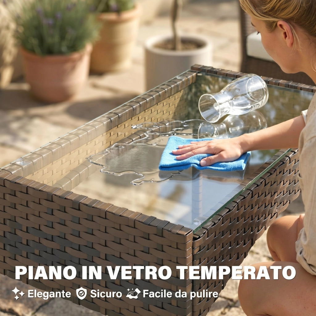 Set da Giardino 4 Pezzi con Divano 2 Posti, 2 Sedie e Tavolino Basso, in Rattan e Acciaio, Beige e Marrone