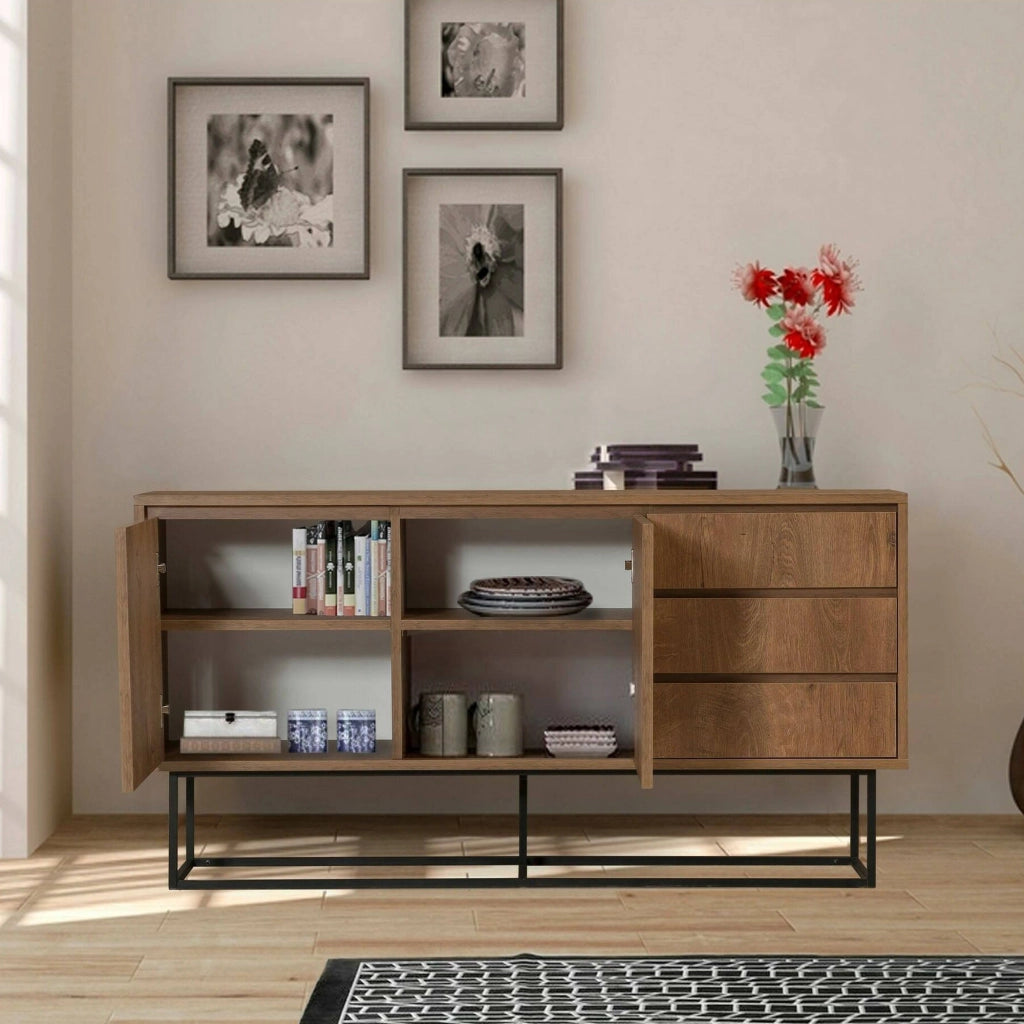 Consolle Kuwait, Tavolo multiuso, Mobiletto d'appoggio, Scrivania da corridoio, 140x36h72 cm, Noce e Nero