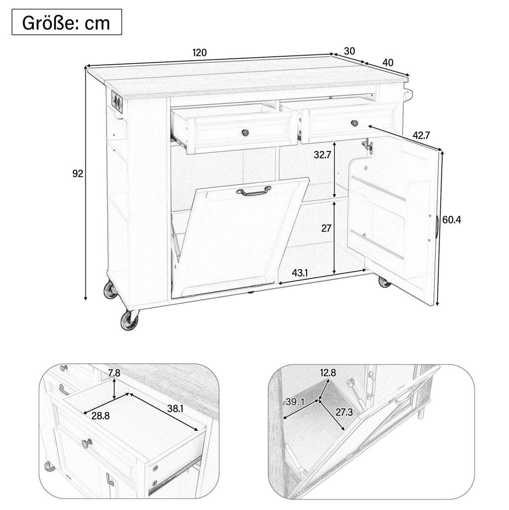 Isola da cucina 120x40-70x92 cm con piano ribaltabile e prese; in MDF e PB; nero naturale