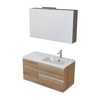 Mobile bagno sospeso 100 cm rovere miele con cassetti e anta completo di lavabo a destra e specchio Master
